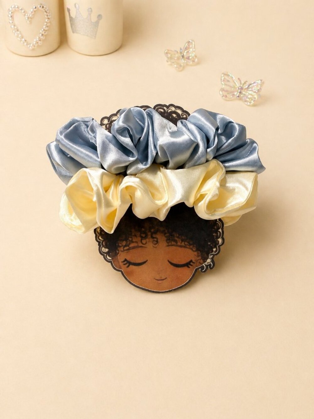 Handmade Satin Scrunchie Set – 2‑Piece Duo (Blue + Yellow / Silver + Yellow)